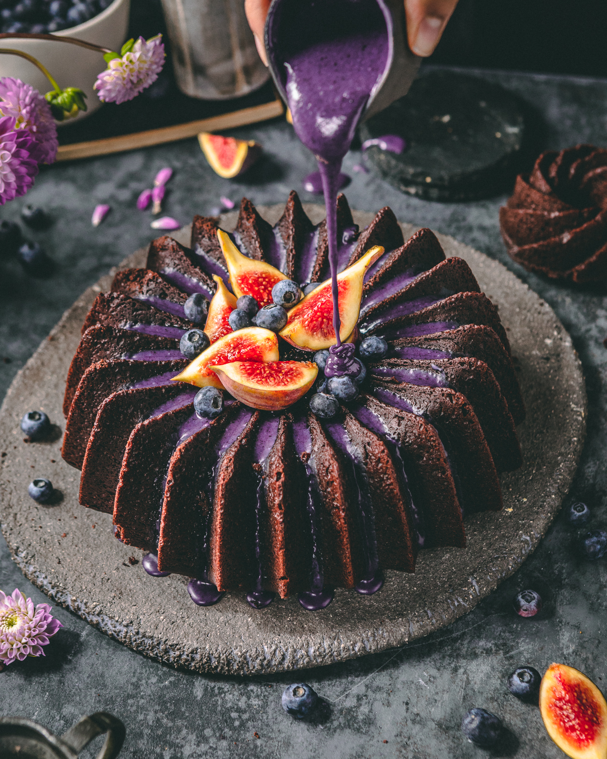 Chocolate Bundt cake with blueberry icing