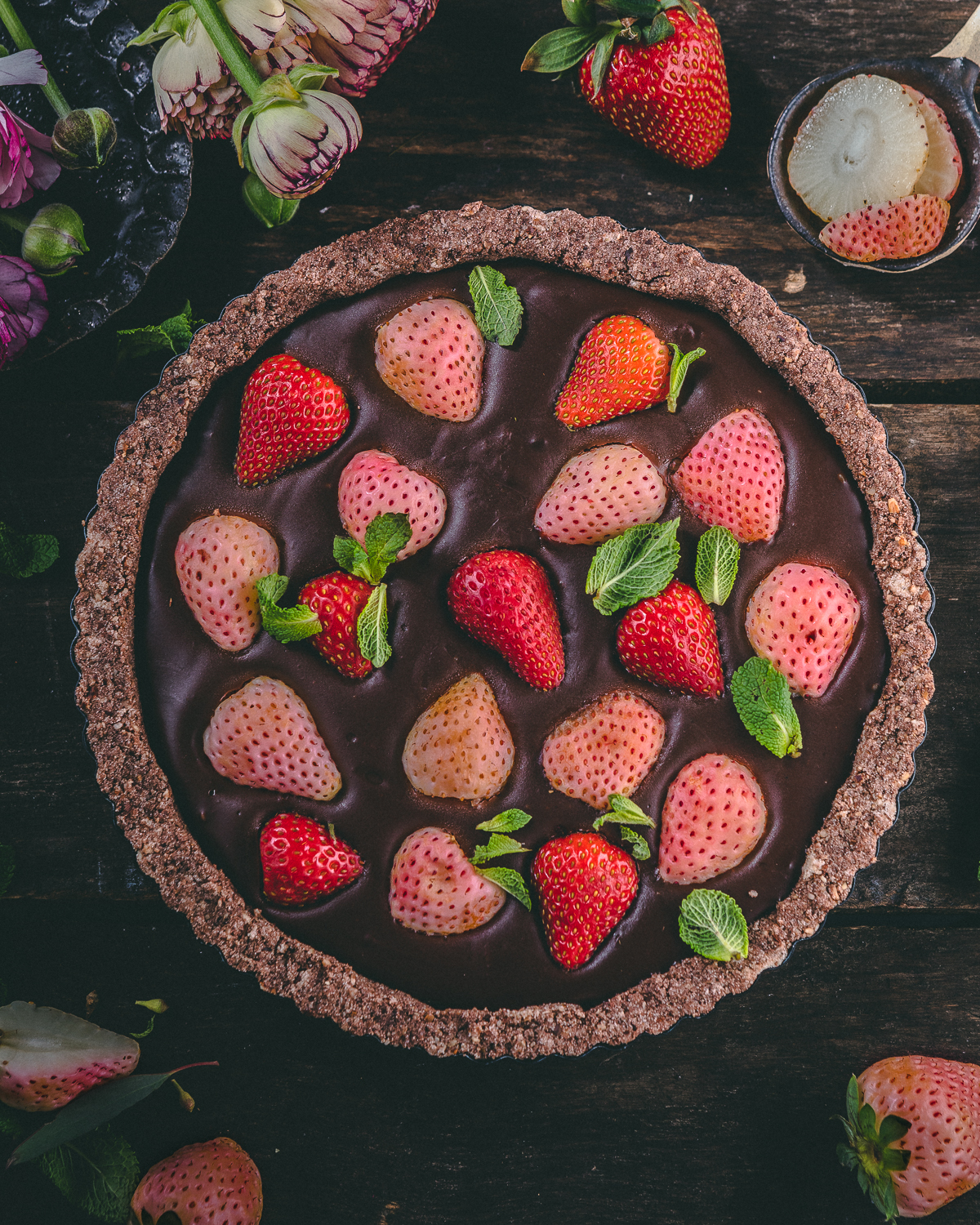 strawberry. mint and chocolate tart
