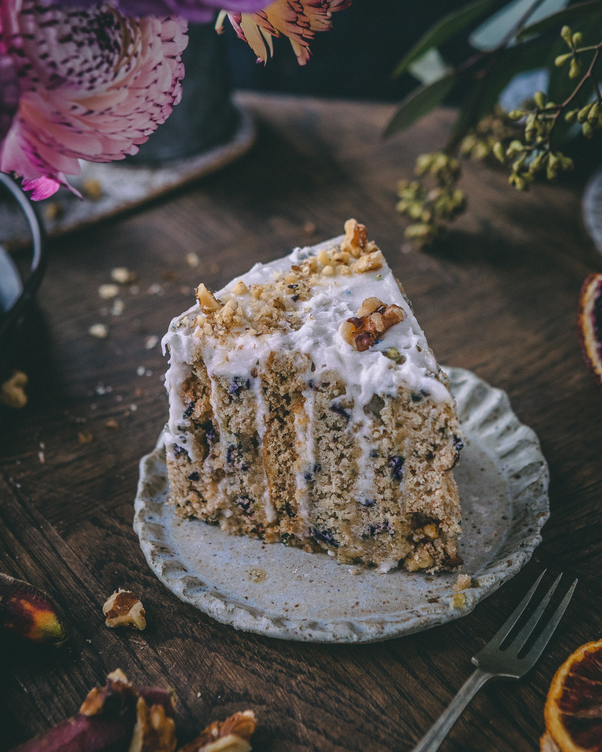 Cut carrot cake with layers showing