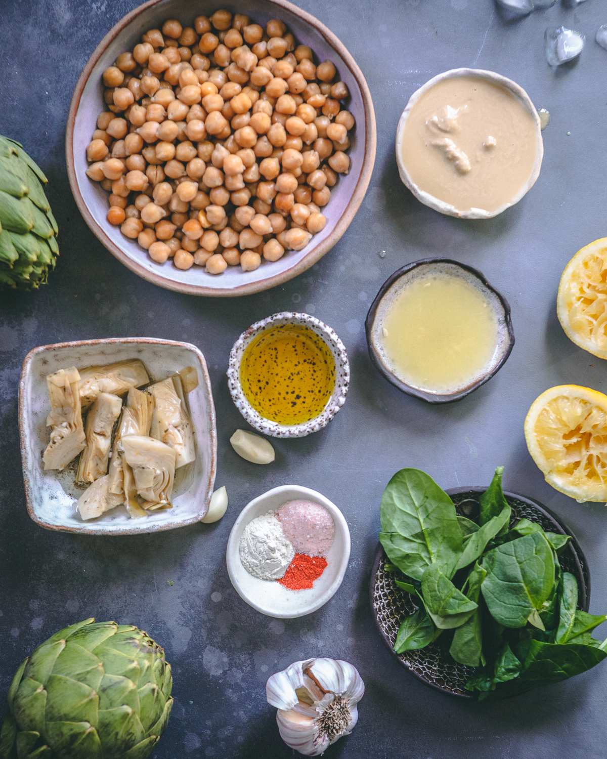 ingredients for spinach artichoke hummus