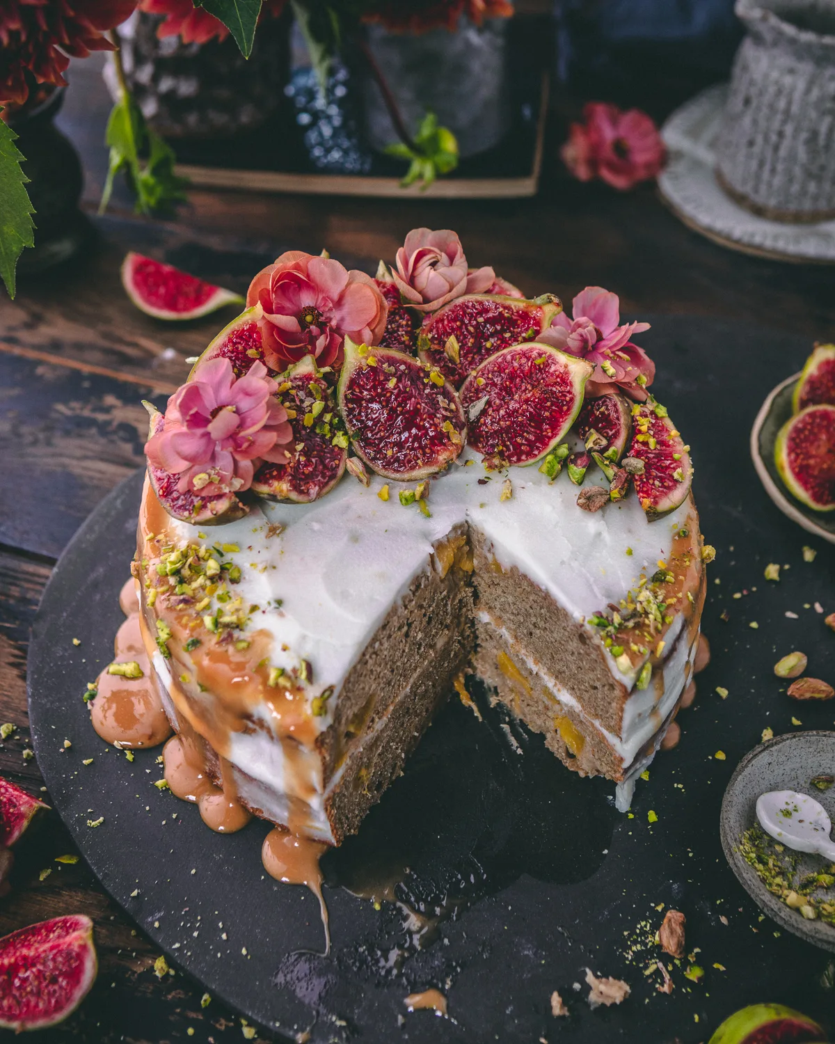 Peach-and-fig-cake-with-crushed-pistachio and-passionfruit-drizzle