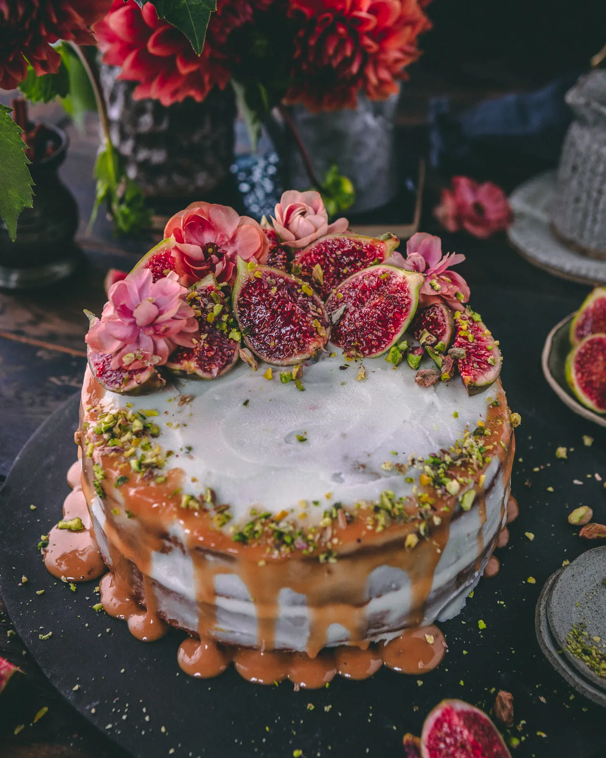 Fig-and-peach-cake-with-caramel-drizzle-and-vegan-cream-cheese