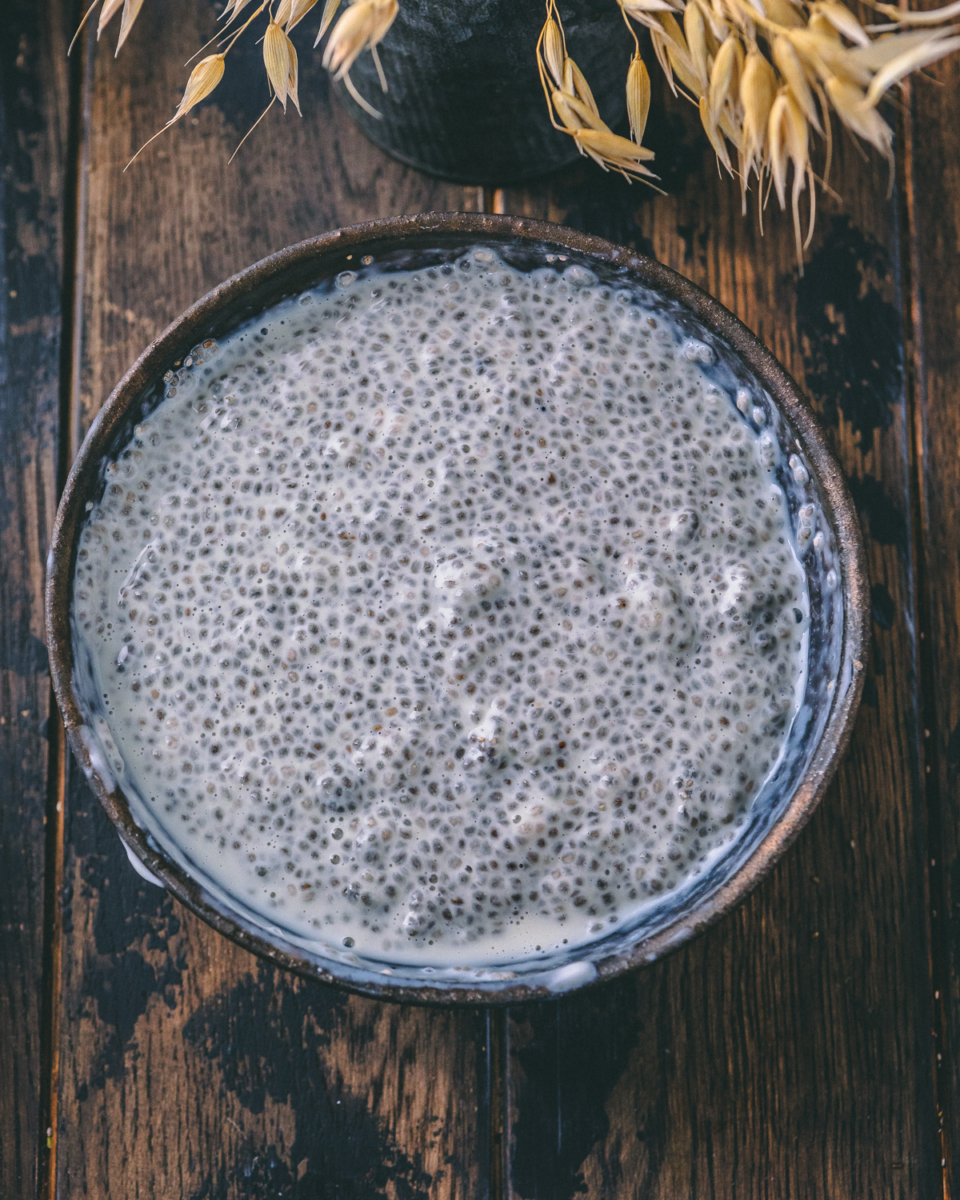 chia seeds and milk mixed with yogurt