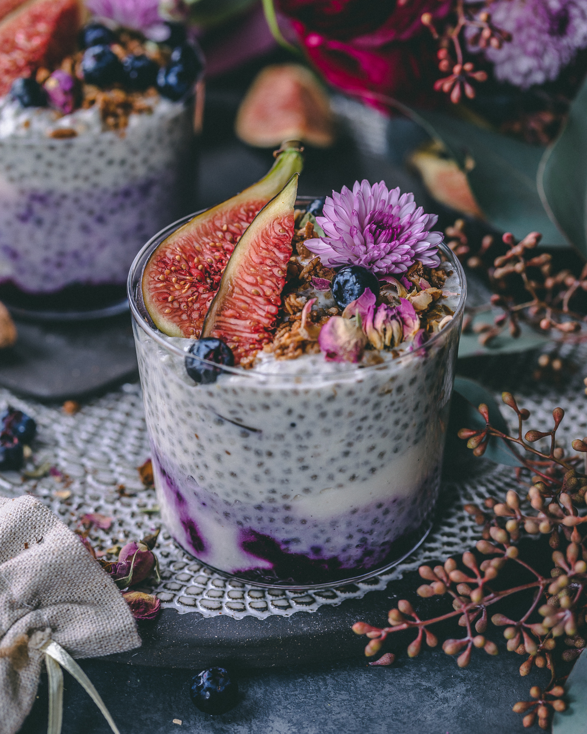 chia seed pudding with yogurt and, jam and fruits