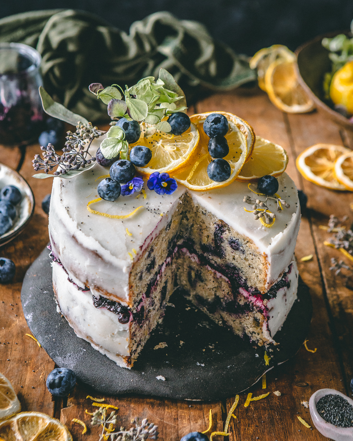 A peek inside the lemon poppyseed gluten free cake with blueberries