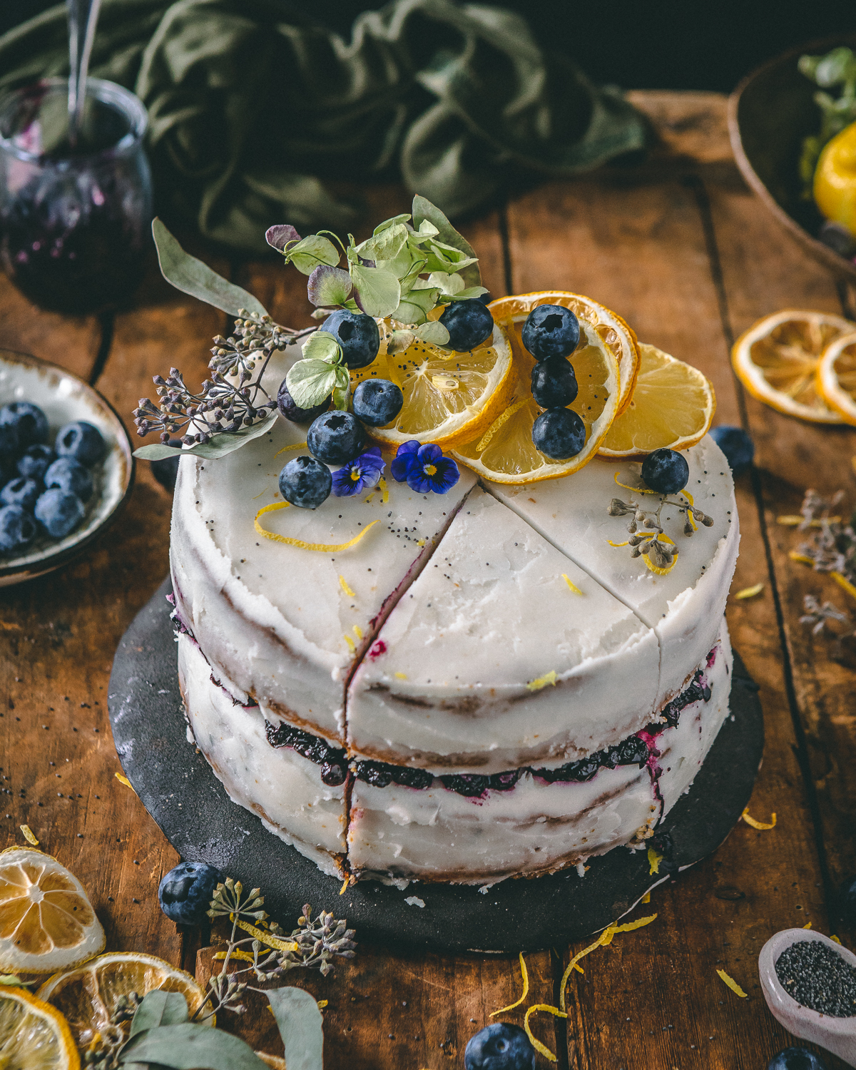 Lemon poppyseed cake with blueberries