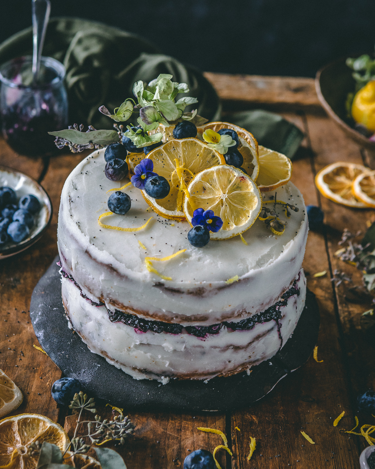Lemon poppy seed cake with blueberries