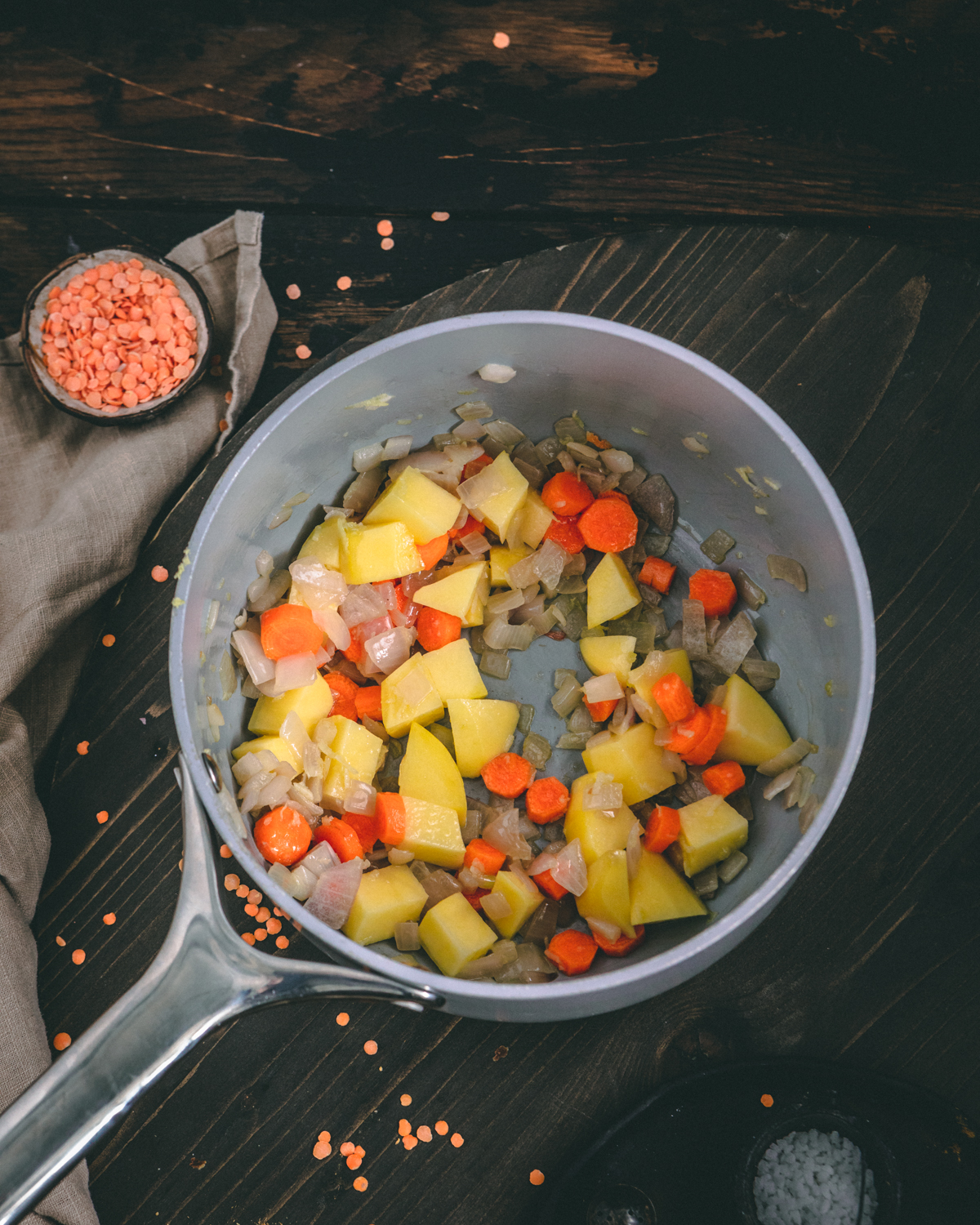 Vegetables in pot for lentil soup