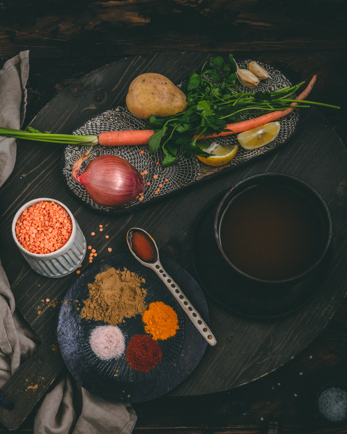 Whole ingredients for lentil soup