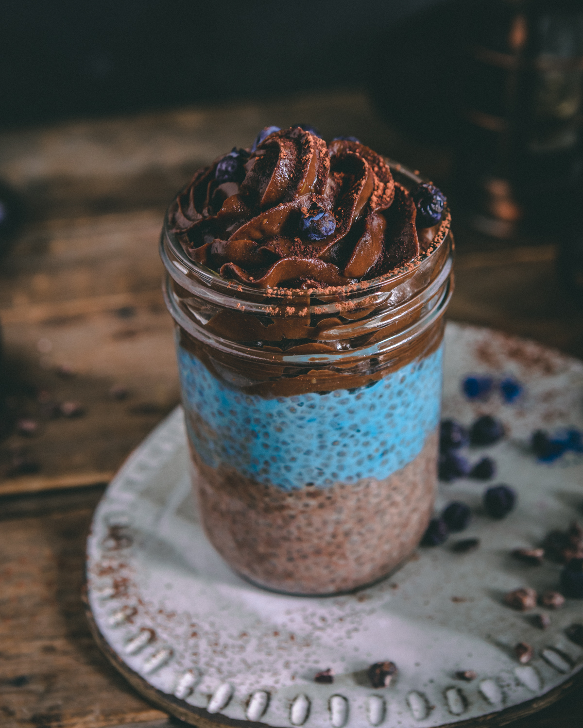 Close up of chia pudding and avocado mousse