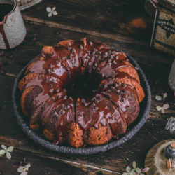 Mini chocolate chips sprinkled on top of the bundt cake